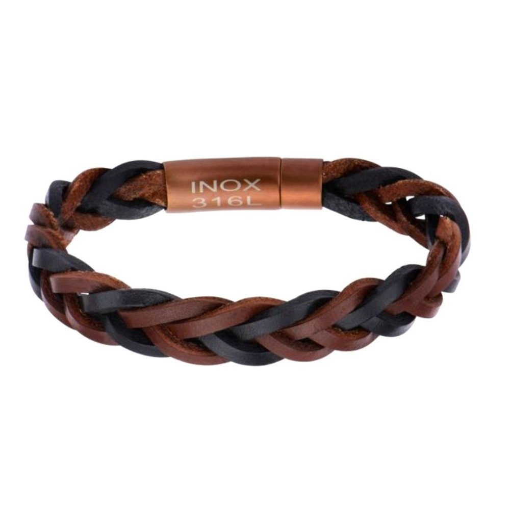 Men's Black and Brown Braided Leather with Rose Gold Clasp Bracelet - NIP